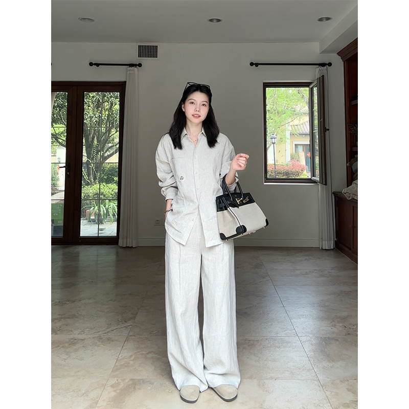 郭九九呢 100%亚麻老钱风绣花衬衫宽松百搭上衣垂垂显瘦直筒长裤