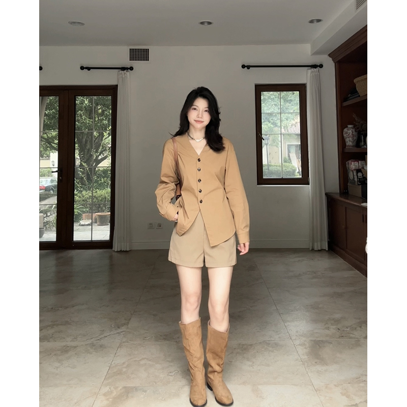 郭九九呢 棉质气质V领绑带收腰显瘦衬衫秋季上衣女简约百搭短裤