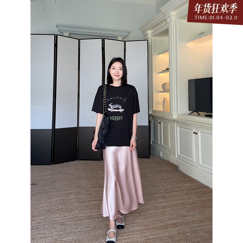 郭九九呢 天丝棉质字母印花宽松短袖t恤百搭上衣夏季缎面粉半身裙,女装/女士精品,时尚套装,淘宝优惠券,粉丝福利购,淘宝优惠卷