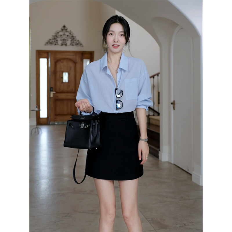 郭九九呢 纯棉韩系清爽通勤显瘦蓝色衬衫早秋上衣百搭a字显瘦半裙
