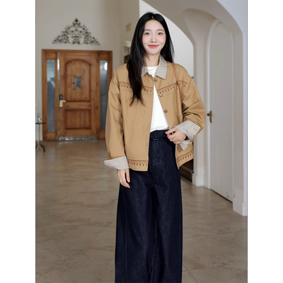 郭九九呢 纯棉美拉德设计感小众刺绣撞色外套秋季百搭阔腿牛仔裤