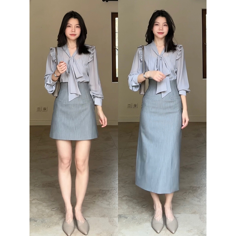 郭九九呢 气质荷叶边飘带衬衫设计感上衣百搭吊带收腰西装半身裙