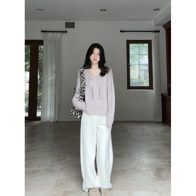 郭九九呢 气质V领简约宽松显瘦镂空毛衣秋季新款上衣休闲弯刀卫裤