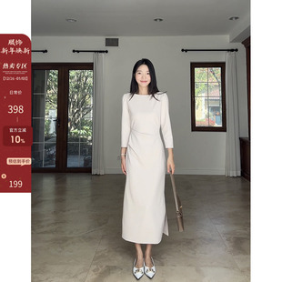 郭九九呢极简剪裁七分袖 气质长裙 正肩收腰抽褶显瘦连衣裙2024新款