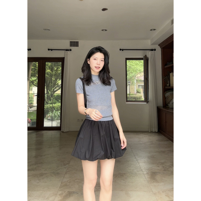 郭九九呢羊毛设计感小众立领显瘦针织短袖夏季上衣花苞褶皱半身裙