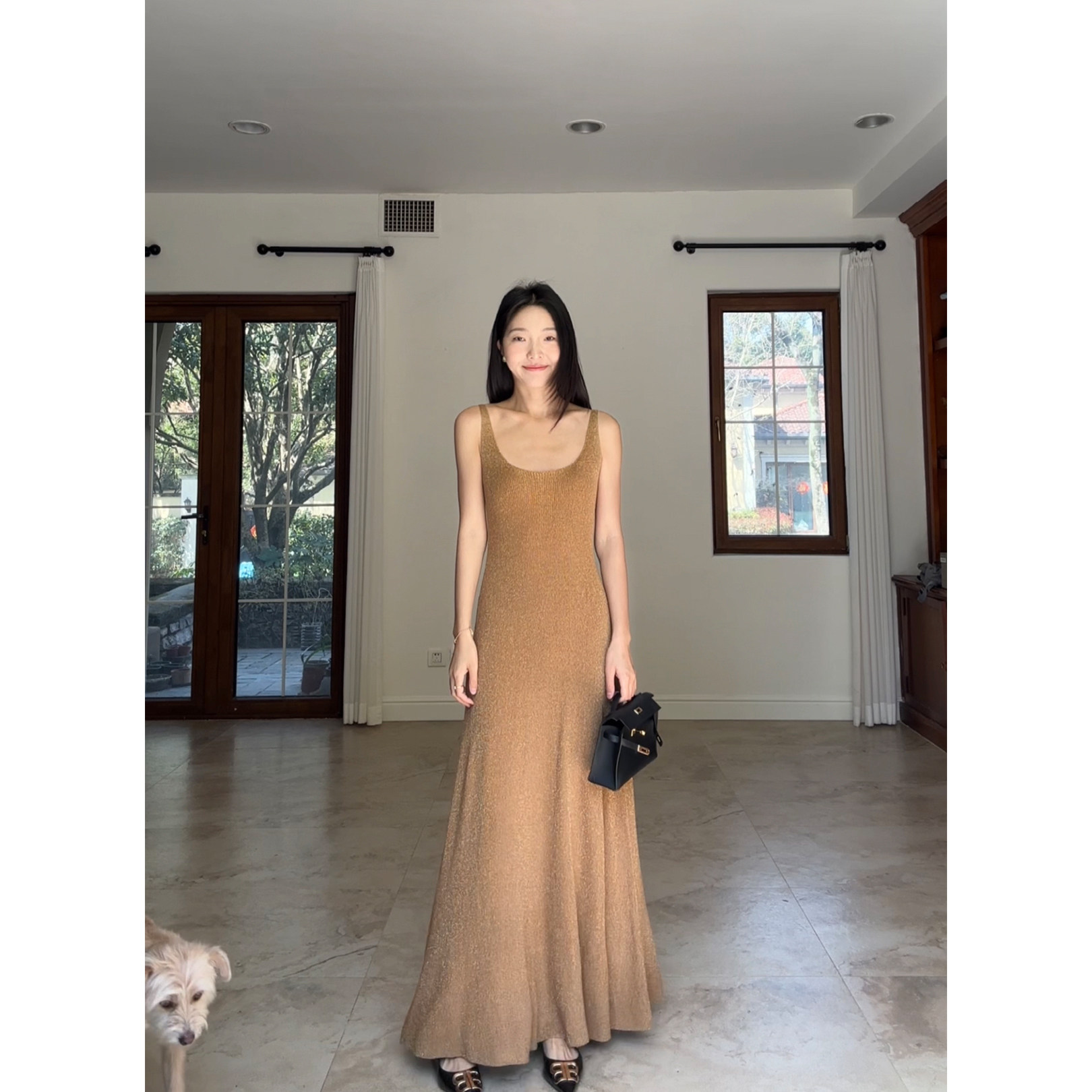 【郭九九呢】气质修身显瘦U领金丝纱线毛织背心吊带裙女夏连衣裙