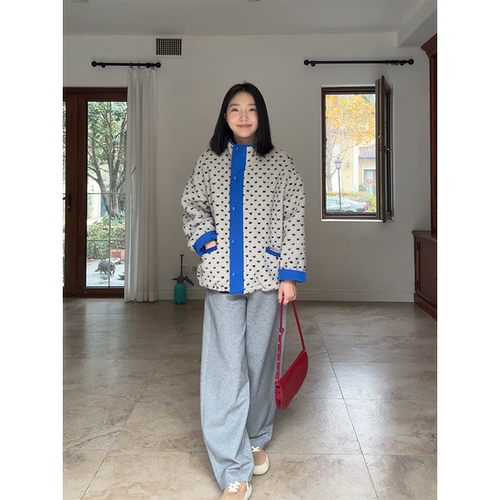 郭九九呢 休闲撞色宽松显瘦拼色立领外套百搭加绒弯刀裤卫裤冬季