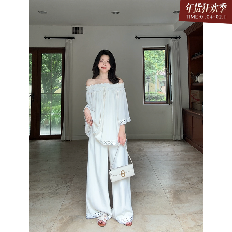 【年终清仓 售完不补】 慵懒气质一字肩显瘦花边拼接上衣夏季百搭,女装/女士精品,时尚套装,淘宝优惠券,粉丝福利购,淘宝优惠卷