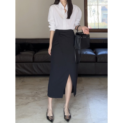 郭九九呢 棉春夏薄款基础百搭衬衫女春季显瘦长款开衩西装半裙