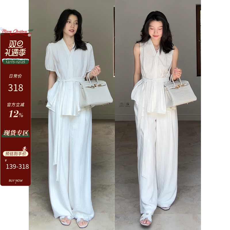 郭九九呢 亚麻慵懒风气质无袖绑带显瘦上衣夏季百搭高腰阔腿裤女