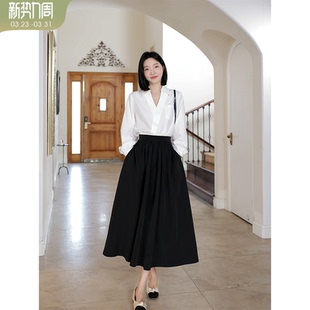 春季 宽松显瘦衬衫 百搭上衣高腰伞摆半身裙 气质V领正肩袖 郭九九呢