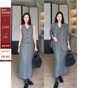 马甲直筒半裙 百搭上衣修身 郭九九呢羊毛高知时髦显瘦西装 外套秋季
