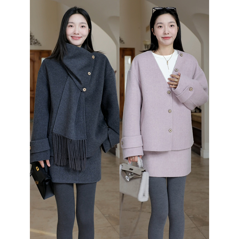 郭九九呢 羊毛围巾可拆卸双面呢大衣冬季新款百搭外套高腰a字半裙