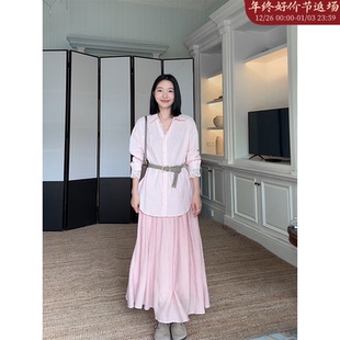 含腰带 亚麻棉蕾丝衬衫 飘逸半身裙 郭九九呢