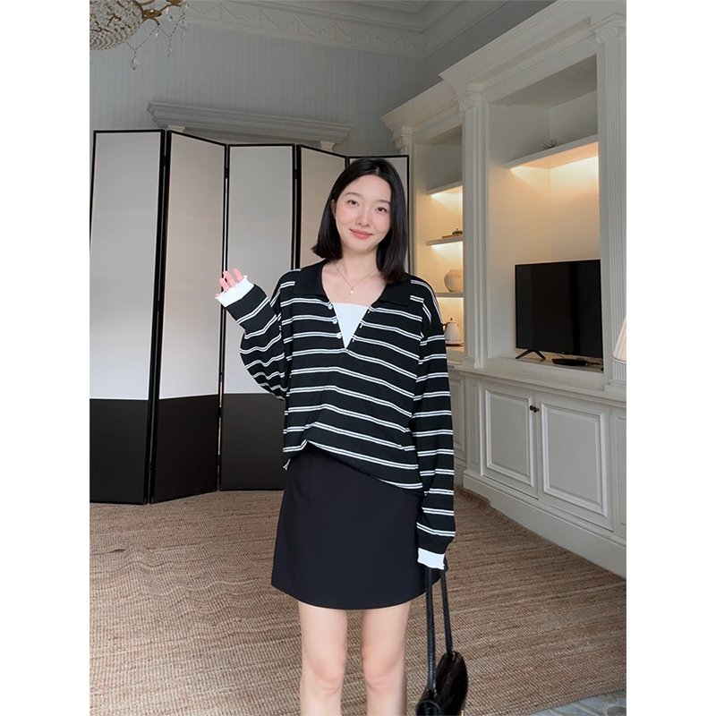 郭九九呢 羊毛条纹假两件宽松长袖针织毛衣秋季上衣高腰显瘦短裙