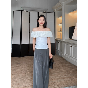 郭九九呢 棉质一字肩纯欲风荷叶边拼接上衣女夏季 休闲直筒阔腿裤