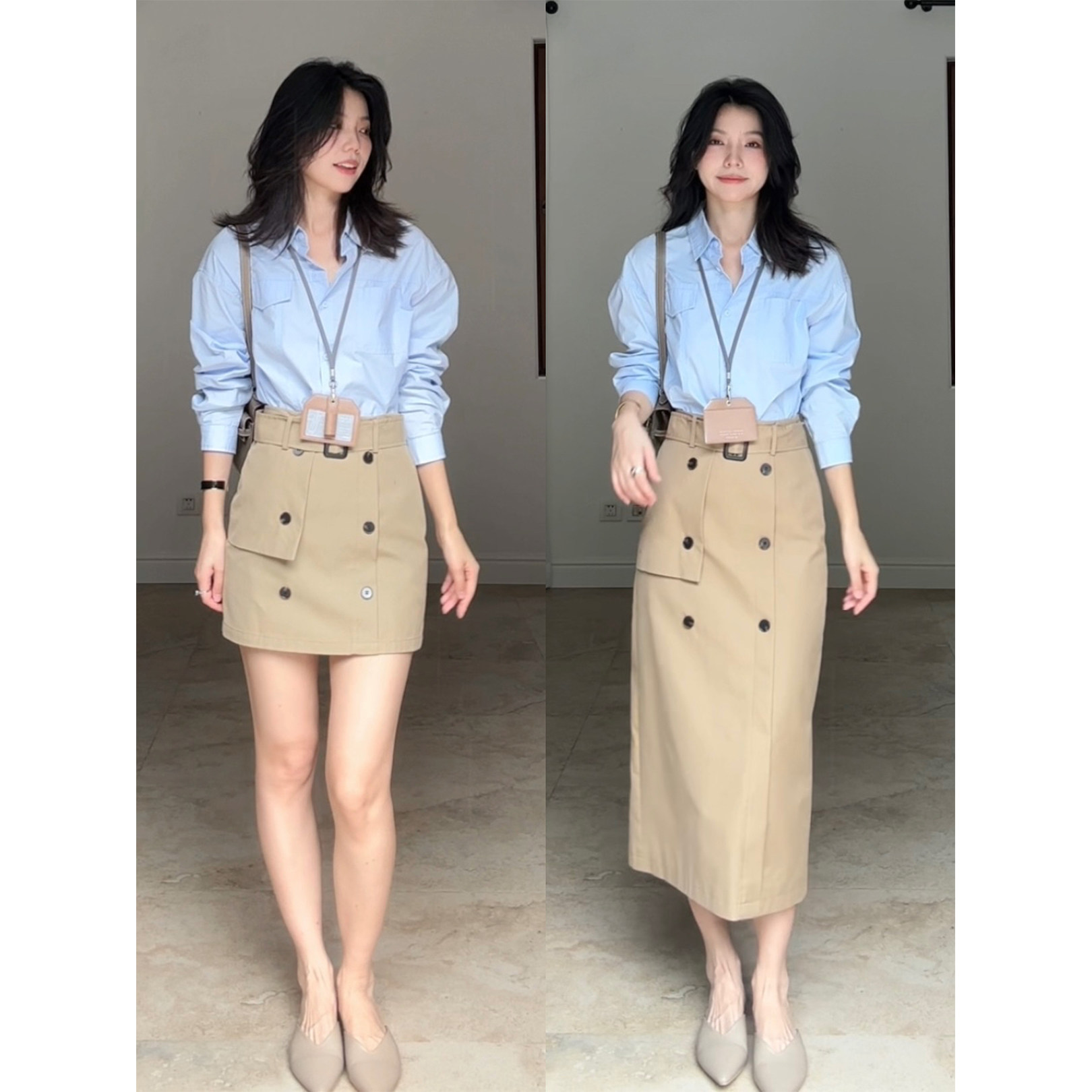 郭九九呢 100%棉气质简约显瘦长袖衬衫百搭上衣女工装a字半身裙
