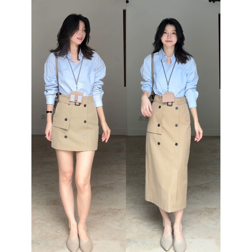 郭九九呢 100%棉气质简约显瘦长袖衬衫百搭上衣女工装a字半身裙