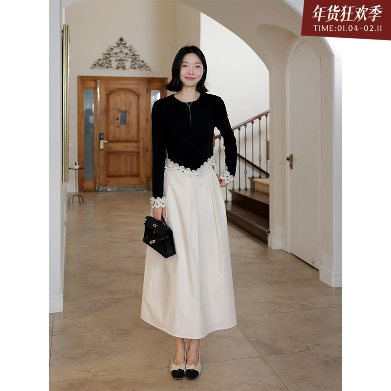 郭九九呢 棉法式复古显瘦花边长袖t恤春季小众上衣高腰褶皱半身裙,女装/女士精品,时尚套装,淘宝优惠券,粉丝福利购,淘宝优惠卷