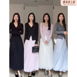 郭九九 蝴蝶重工拼接飘逸长款网纱裙春季新款百搭显瘦半裙松紧腰