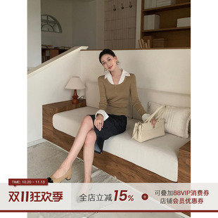 郭九九呢【森屿白】法式假两件毛衣上衣女秋季高知显瘦半身裙套装