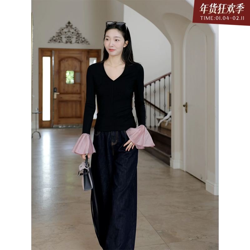 郭九九呢天丝法式V领撞色波浪袖针织衫长袖T恤早秋上衣阔腿牛仔裤,女装/女士精品,时尚套装,淘宝优惠券,粉丝福利购,淘宝优惠卷