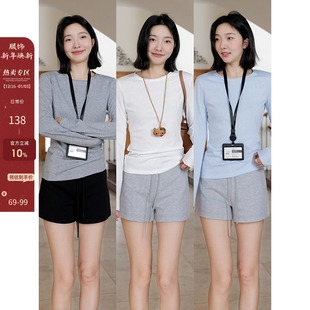 百搭休闲气质短裤 郭九九呢 T恤新款 圆领长袖 女 微薄透竹节棉正肩袖