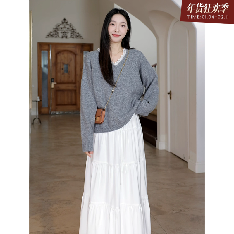 郭九九呢 羊.毛温柔风气质蕾丝拼接v领宽松毛衣秋冬上衣蛋糕半裙,女装/女士精品,时尚套装,淘宝优惠券,粉丝福利购,淘宝优惠卷