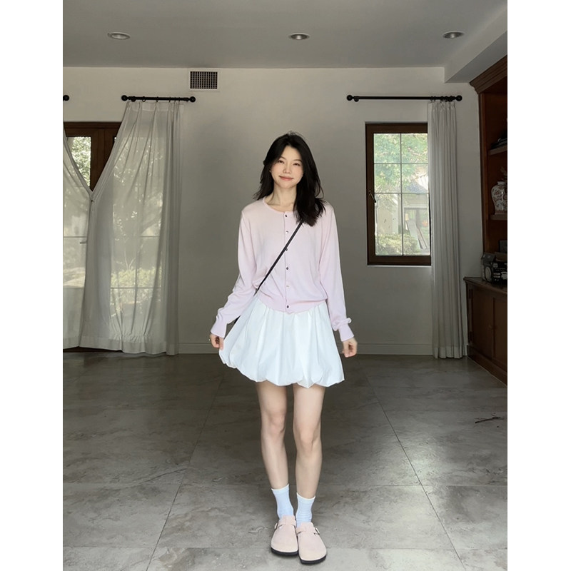郭九九呢 羊毛桑蚕丝温柔气质粉色针织衫秋季甜美上衣花苞半身裙
