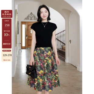 气质上衣花色半身裙 夏季 郭九九呢 桑蚕丝羊毛简约百搭短袖