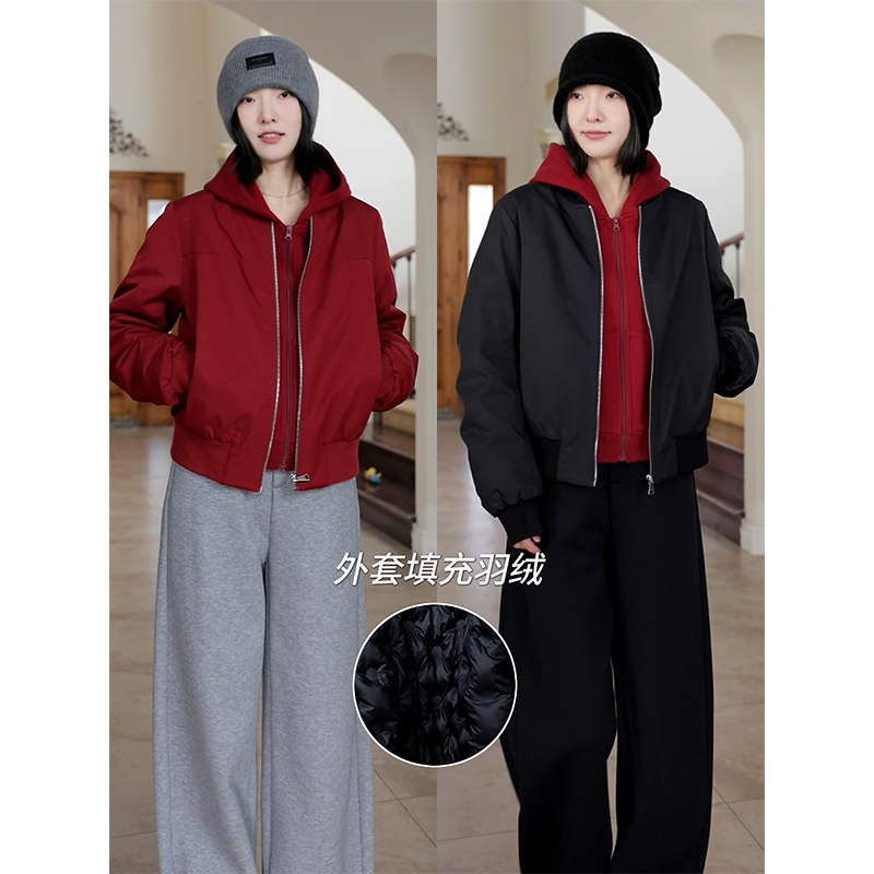 郭九九呢 羽绒服90白鸭绒显瘦棒球夹克外套连帽棉卫衣冬季上衣