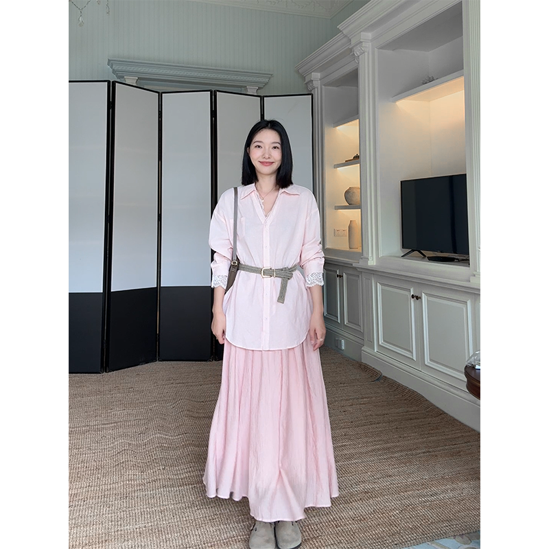 【【年终清仓 售完不补】】亚麻棉蕾丝衬衫（含腰带）飘逸半身裙
