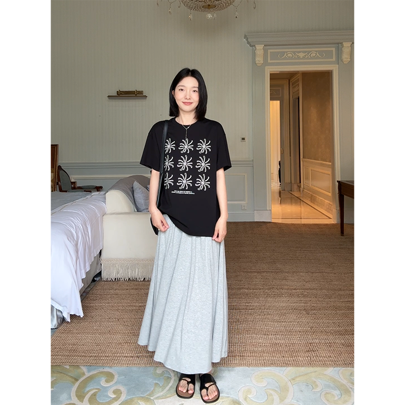 郭九九呢 棉休闲印花宽松显瘦短袖t恤夏季百搭上衣高腰慵懒半身裙