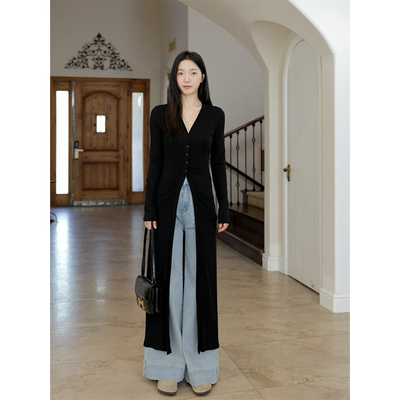 郭九九呢 V领慵懒风修身长款显瘦开衫针织衫新款休闲百搭阔腿长裤