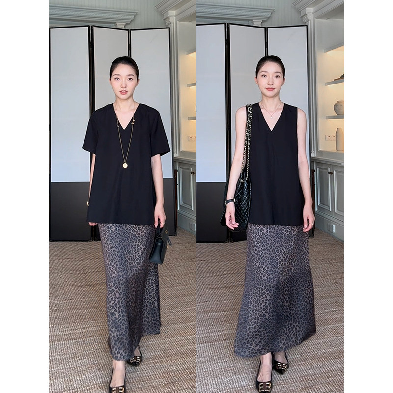 郭九九呢 天丝亚麻v领简约宽松显瘦上衣女夏季新款百搭豹纹半身裙