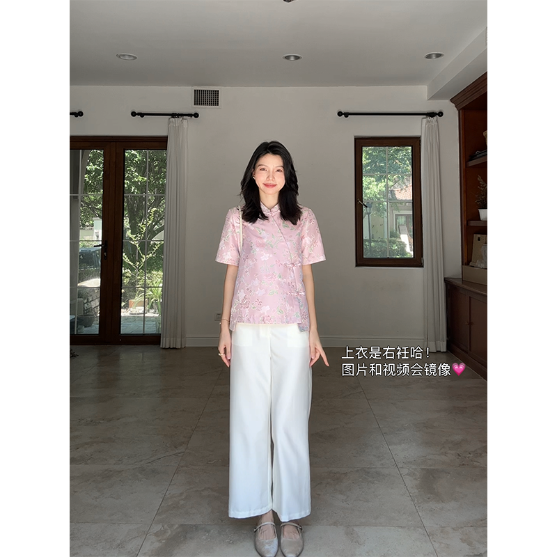 郭九九呢 新中式国风印花显瘦短袖上衣夏季新款百搭直筒九分裤