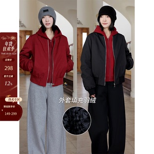 郭九九呢 羽绒服90白鸭绒显瘦棒球夹克外套连帽棉卫衣冬季上衣