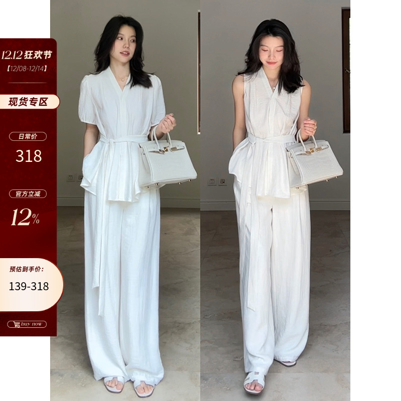 郭九九呢 亚麻慵懒风气质无袖绑带显瘦上衣夏季百搭高腰阔腿裤女