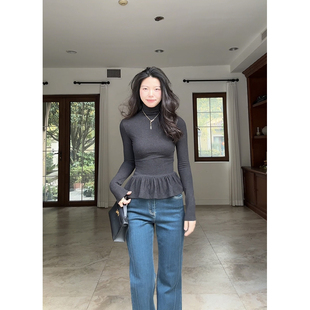 郭九九呢 气质花边高领修身打底衫T恤冬季显瘦上衣加绒牛仔喇叭裤