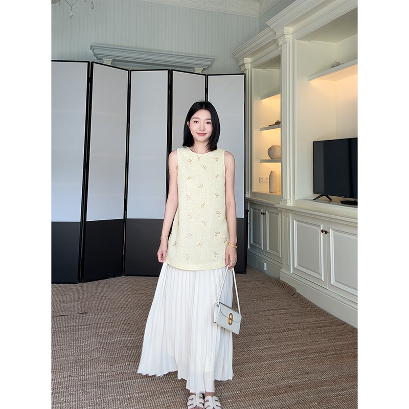 郭九九呢 法式蝴蝶结钉珠刺绣无袖上衣夏季百搭压褶伞摆半身裙