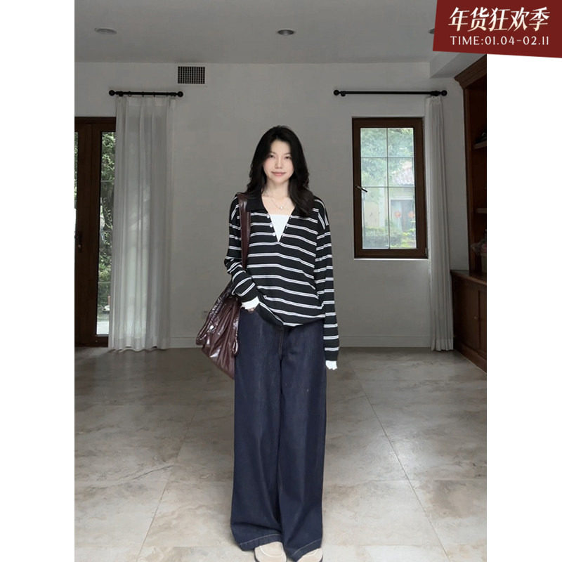 郭九九呢 羊毛假两件宽松条纹针织毛衣秋季上衣高腰阔腿牛仔裤,女装/女士精品,时尚套装,淘宝优惠券,粉丝福利购,淘宝优惠卷