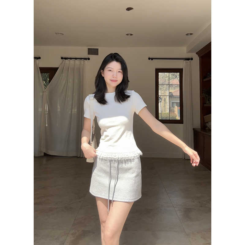 郭九九呢 棉减龄俏皮花边拼接百搭爱心T恤小众上衣休闲抽绳半裙