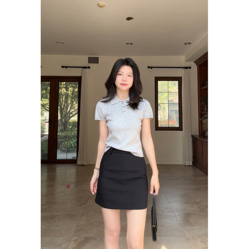 郭九九呢 polo领显瘦简约针织上衣女夏季百搭a字半身裙
