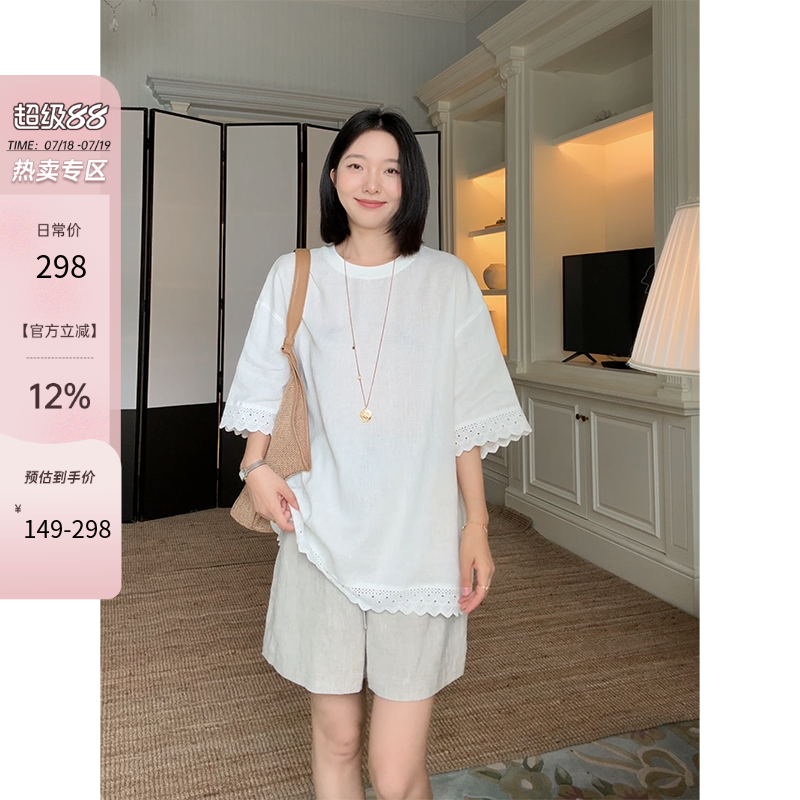 郭九九呢 100%亚麻拼接花边落肩袖宽松短袖上衣夏季百搭短裤女