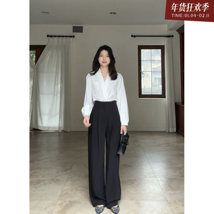 郭九九呢 气质V领正肩袖灯笼袖衬衫春季上衣高腰显瘦西装直筒裤女