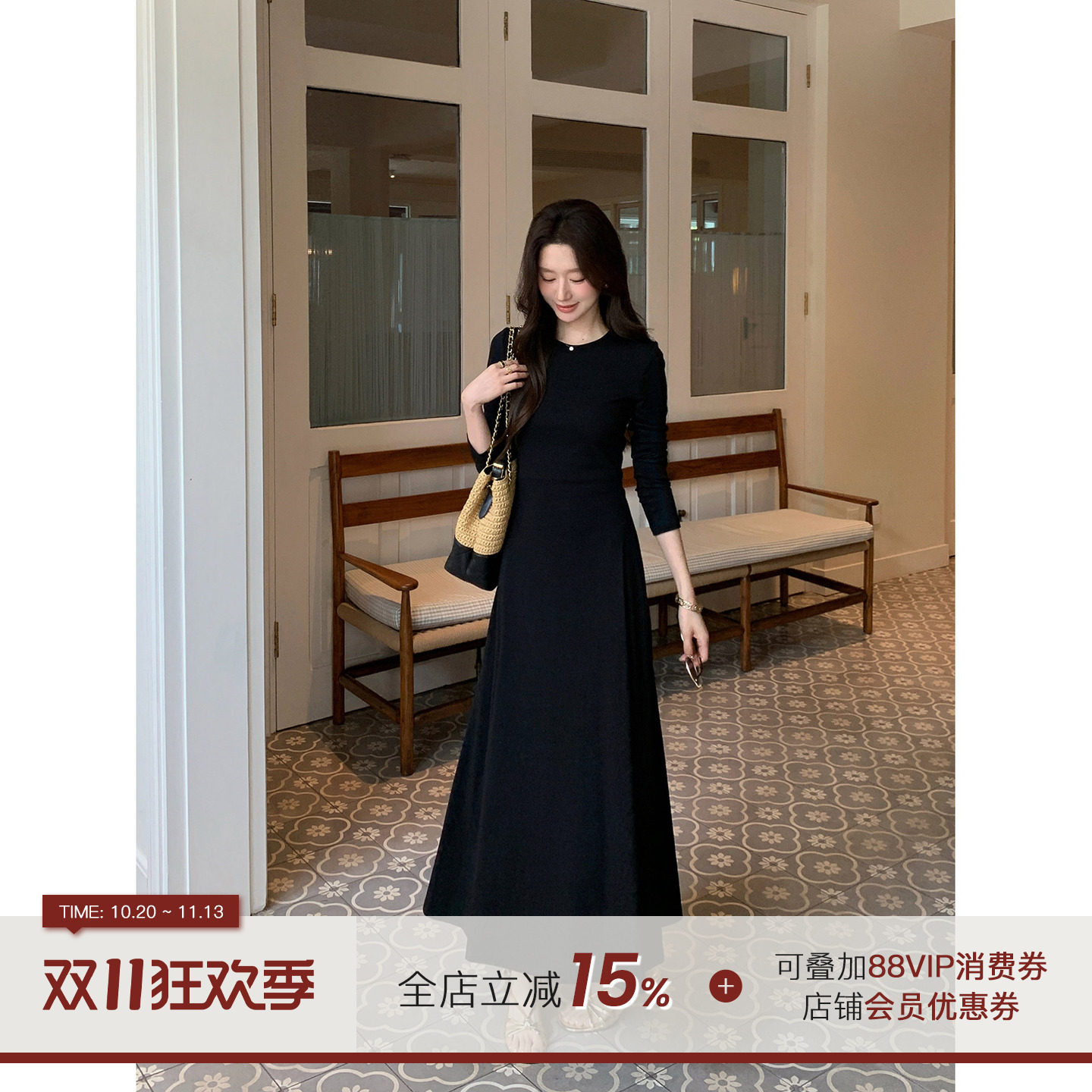 郭九九呢 千金风修身显瘦长袖连衣裙女春秋2026新款长裙裙子