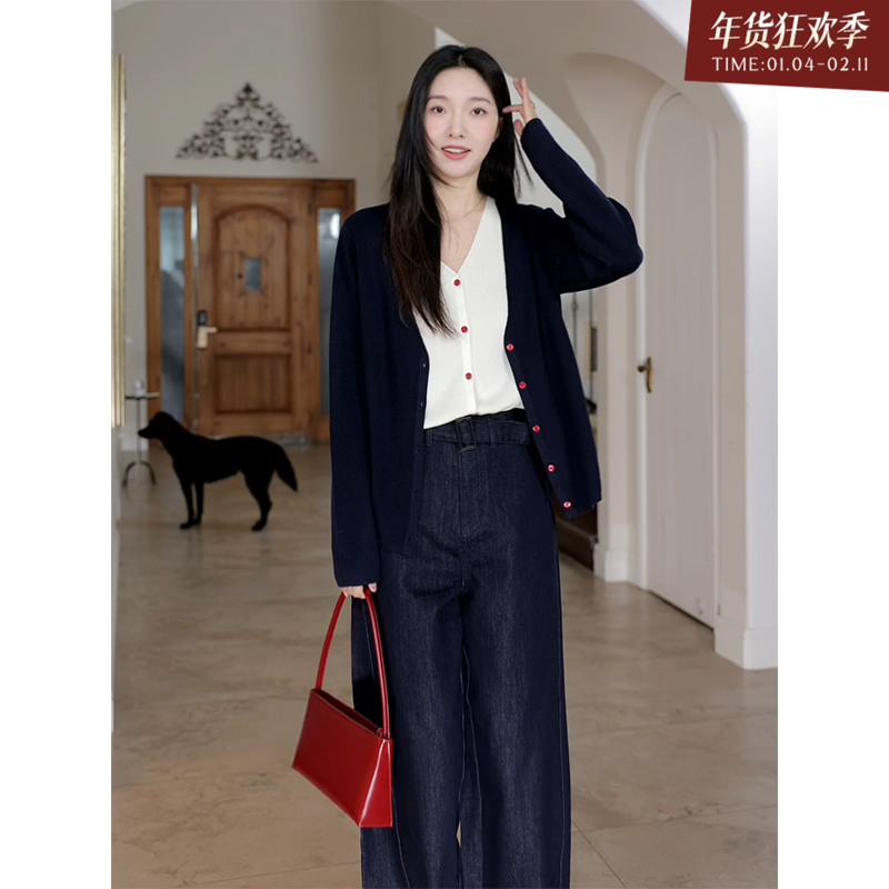 郭九九呢 羊.毛慵懒风简约假两件撞色开衫秋季百搭上衣高腰阔腿裤,女装/女士精品,时尚套装,淘宝优惠券,粉丝福利购,淘宝优惠卷