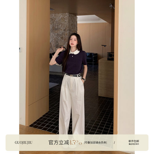 郭九九呢 棉拼接撞色polo衫短袖T恤夏季百搭上衣简约百搭高腰裤