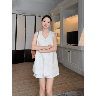 郭九九呢 亚麻极简老钱风V领透气无袖 上衣夏季 百搭宽松显瘦短裤