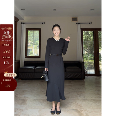 郭九九呢赫本风显瘦鱼尾裙小黑裙